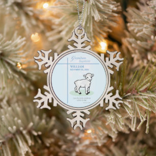 Grandson Baptism Blue Lamb Personalized Snowflake Pewter Christmas Ornament