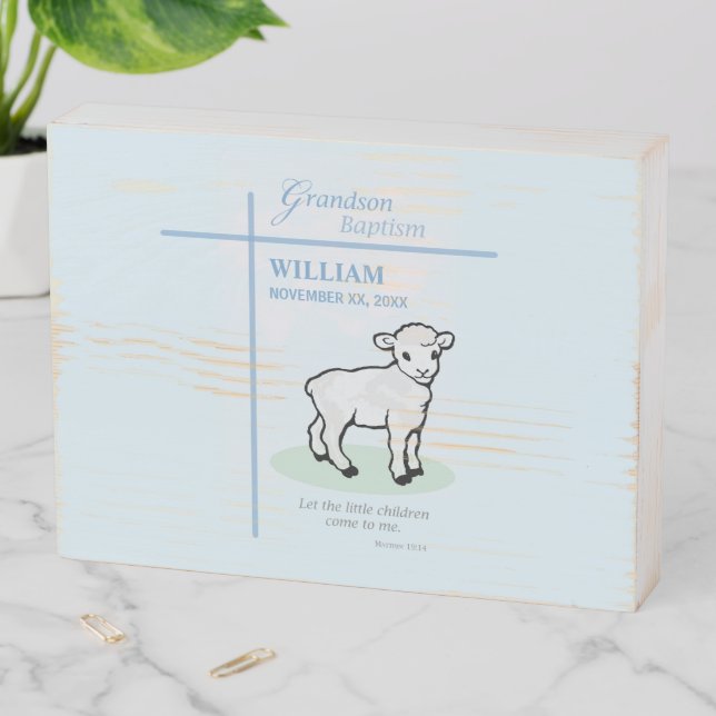 Grandson Baptism Blue Lamb Personalized Wooden Box Sign (In Situ Horizontal)
