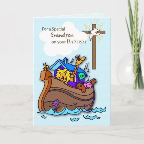 Grandson Baptism Card with Noahs Ark Blue