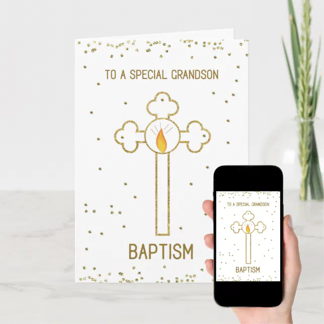Grandson Baptism Gold Cross Card | Zazzle