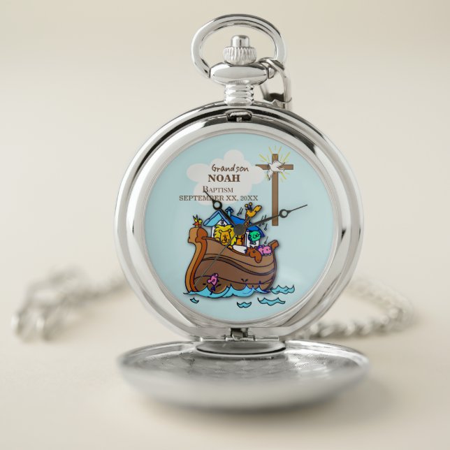 Grandson Baptism Noah's Ark Personalized Pocket Watch (Inside)