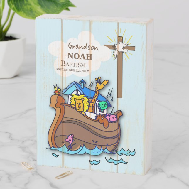 Grandson Baptism Noah's Ark Personalized Wooden Box Sign (In Situ Vertical)