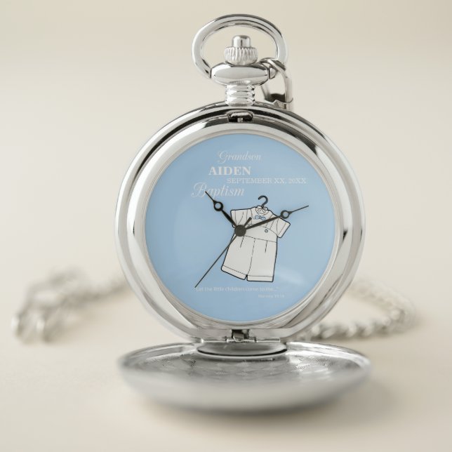Grandson Baptism Suit on Baby Blue Personalized Pocket Watch (Inside)
