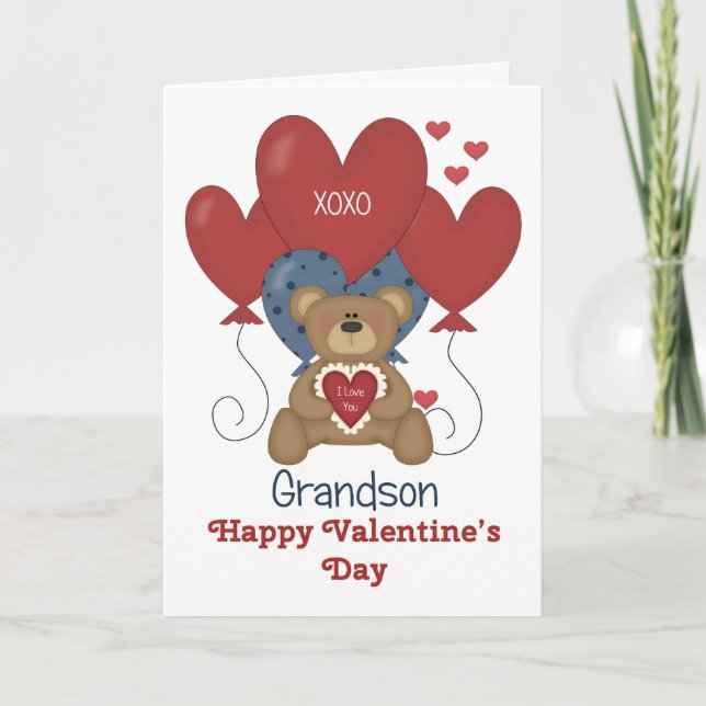 Grandson, Bear and Balloons Valentine Holiday Card (Front)