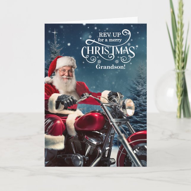 Grandson Biker Santa Christmas with Winter Pines Holiday Card (Front)