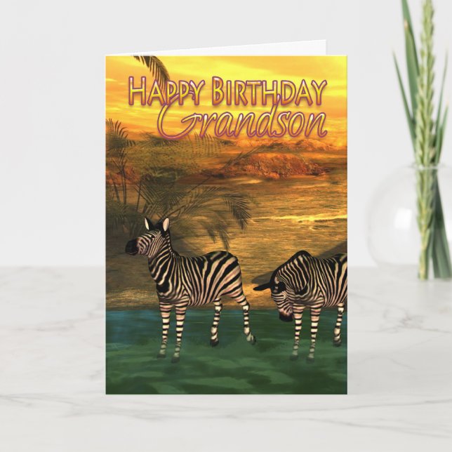 Grandson Birthday Card Zebras In Water (Front)