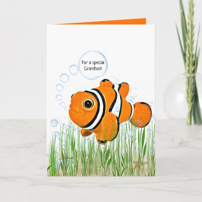 Grandson birthday clown fish in seaweed card (Front)