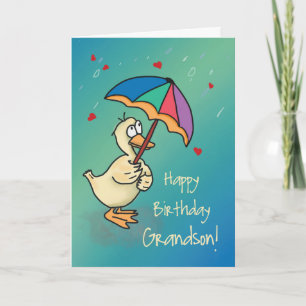 Grandson Birthday Duck with Umbrella in Rain Card
