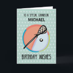 Grandson Birthday Lacrosse Sport Personalize Card<br><div class="desc">When your grandson plays or loves the sport of lacrosse, this card will be perfect! A lacrosse stick with a ball is seen with a background in teal. Personalize it with his name, Whether turning 10 or 25, he will love seeing his name for a great sports theme customized card....</div>