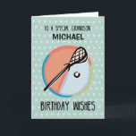 Grandson Birthday Lacrosse Sport Personalize Card<br><div class="desc">When your grandson plays or loves the sport of lacrosse, this card will be perfect! A lacrosse stick with a ball is seen with a background in teal. Personalize it with his name, Whether turning 10 or 25, he will love seeing his name for a great sports theme customized card....</div>