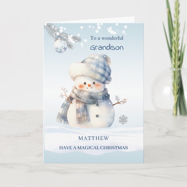 Grandson Blue Christmas Snowman Holiday Card (Front)
