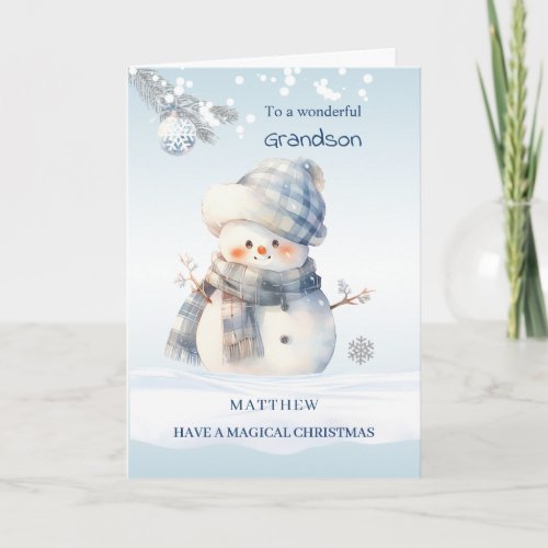 Grandson Blue Christmas Snowman Holiday Card