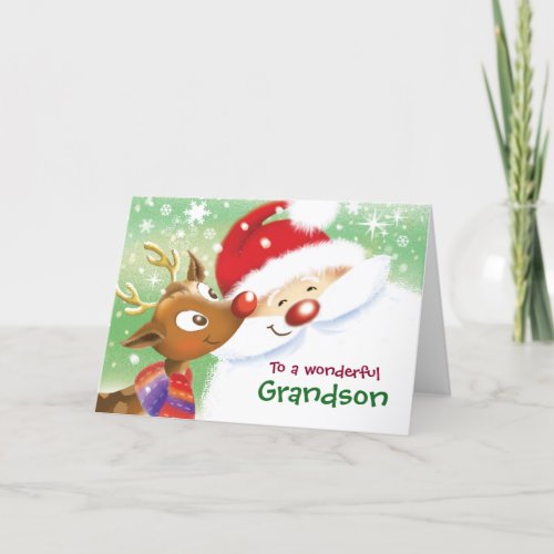 Grandson Christmas Cute Reindeer  Santa Card