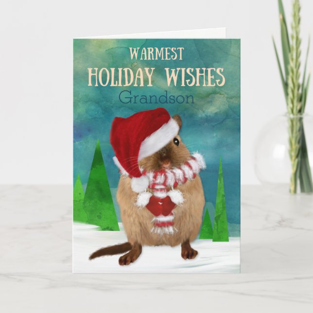 Grandson Christmas Gerbil Santa Hat in Winter Holiday Card (Front)