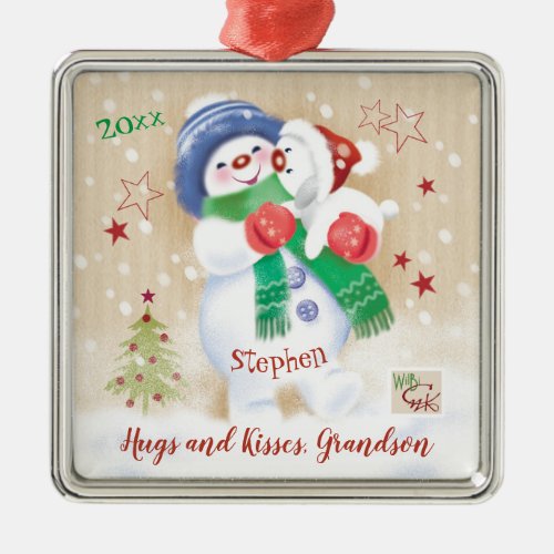 Grandson Christmas Snow Boy Hugs Puppy Metal Ornament
