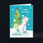 Grandson Christmas Snowman Ice Skating Holiday Card<br><div class="desc">A super cute and colorful Christmas card for a young Grandson with an adorable snowman ice skating on a small pond and a colorful three tiered Christmas tree with snowflakes sprinkled on a turquoise background. Snowman courtesy of PrettyGrafik.</div>