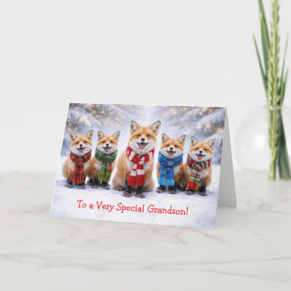 Grandson Christmas with Cute Foxes in the Snow Card