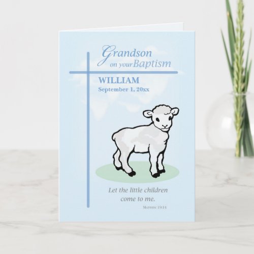 Grandson Custom Name and Date Baptism Blue Lamb Card