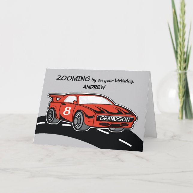 Grandson Custom Name Birthday Age 8 Red Sports Car Card (Front)