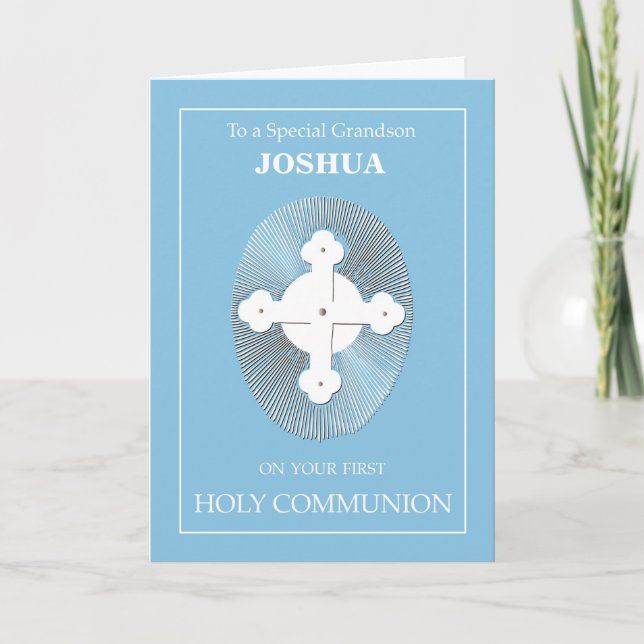 Grandson Custom Name Communion Blue with Cross Card (Front)