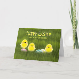 Grandson Cute Easter Chicks Speckled Eggs in Grass Holiday Card