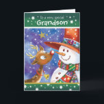 Grandson, Cute Reindeer and Snowman Holiday Card<br><div class="desc">For Grandson. A really cute,  colorful Christmas card. The illustration shows a sweet baby deer with big open eyes and a fun snowman in a huge hat looking fondly,  nose to nose,  at each other. They are set against a blue watercolor sky and snow is falling around them.</div>