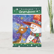 Grandson, Cute Reindeer And Snowman Holiday Card at Zazzle