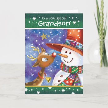 Grandson  Cute Reindeer And Snowman Holiday Card by WilBiCreations at Zazzle