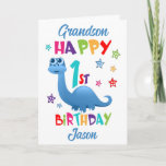 Grandson Dinosaur 1st Birthday Card<br><div class="desc">A special 1st birthday card for your grandson! This bright fun first birthday card features a blue dinosaur, some pretty stars and colorful text. A cute design for someone who will be one year old. Add the 1st birthday child's name to the front of the card to customize it for...</div>