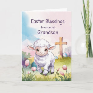 Grandson Easter Blessings Christian Lamb and Cross Card