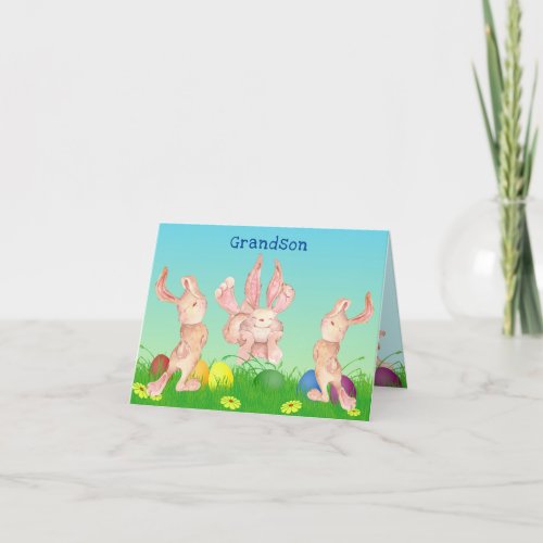 Grandson Easter Bunnies Playing Modern Watercolor Holiday Card