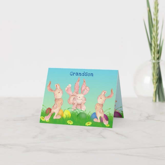 Grandson Easter Bunnies Playing Modern Watercolor Holiday Card (Front)