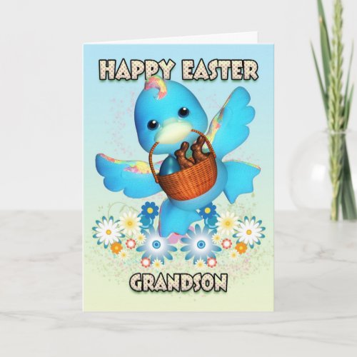 Grandson Easter Card _ Cute Duck With Basket Of Tr