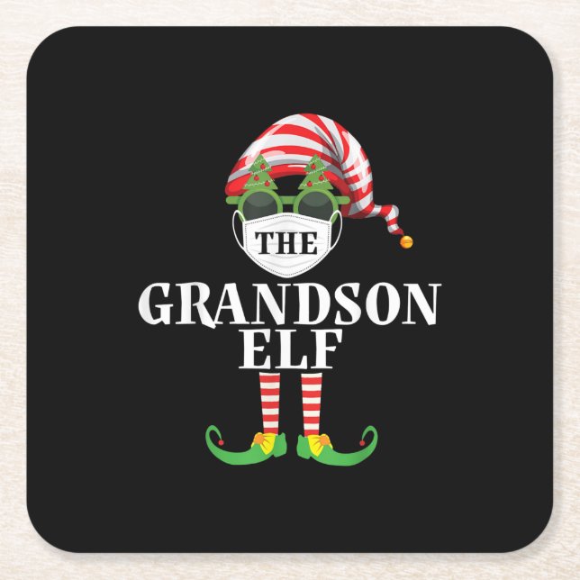 Grandson Elf Matching Christmas Square Paper Coaster (Front)
