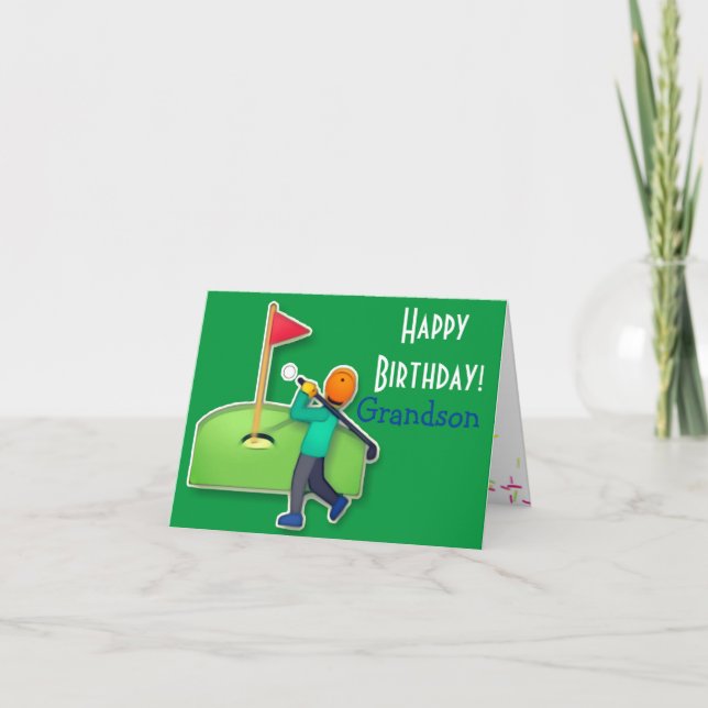 Grandson emoji golf green happy birthday card (Front)