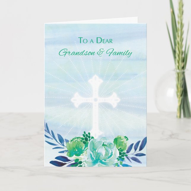Grandson & Family Teal Blue Flowers + Cross Easter Holiday Card (Front)