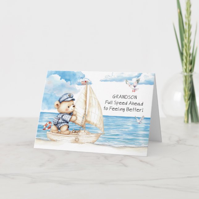Grandson Feel Better Soon Teddy Bear Sailing Card (Front)
