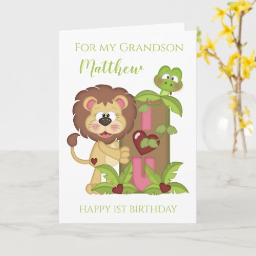 Grandson First Birthday Cute Lion Photo Card