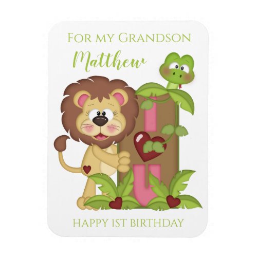 Grandson First Birthday Cute Lion Photo Card Magnet