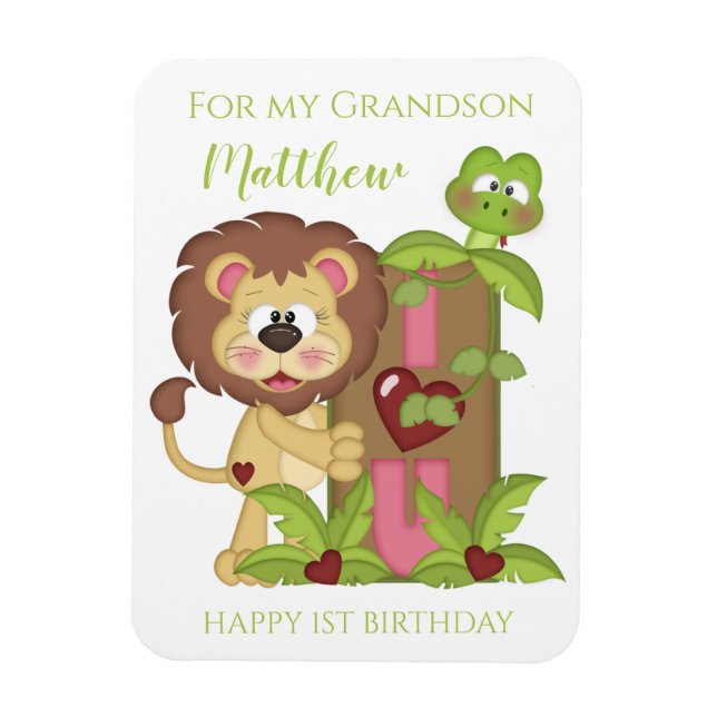 Grandson First Birthday Cute Lion Photo Card Magnet (Vertical)