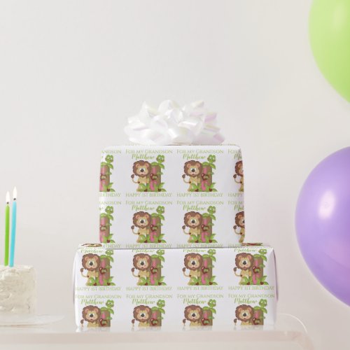 Grandson First Birthday Cute Lion Wrapping Paper