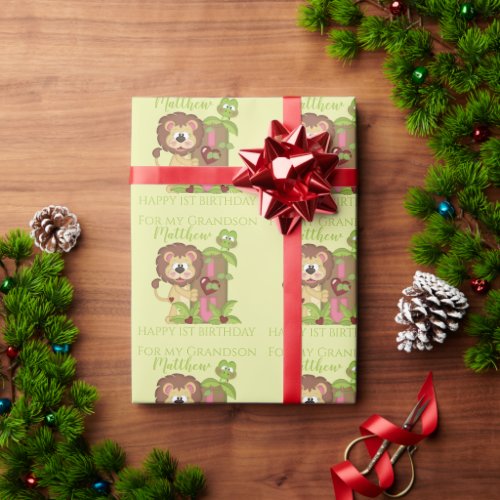 Grandson First Birthday Cute Lion Wrapping Paper