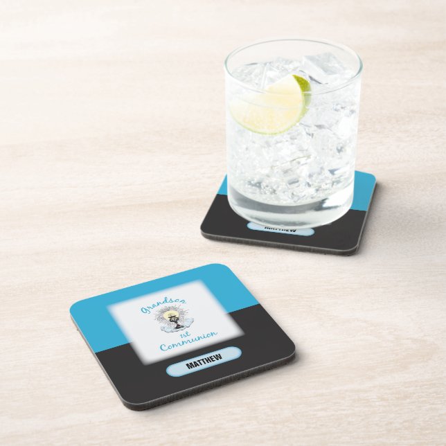 Grandson First Communion, Blue Cup Beverage Coaster (Right Side)