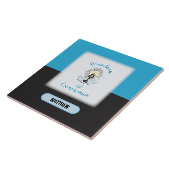 Grandson First Communion, Blue Cup Ceramic Tile (Side)