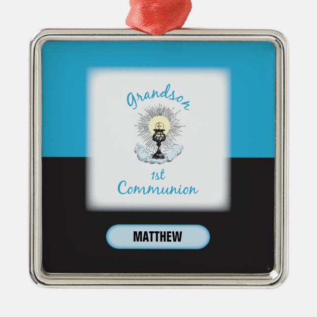 Grandson First Communion, Blue Cup Metal Ornament (Front)