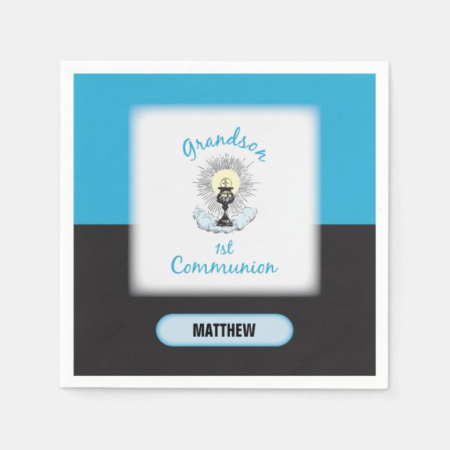 Grandson First Communion, Blue Cup Paper Napkins (Front)