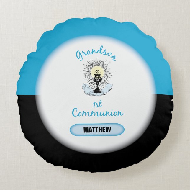 Grandson First Communion, Blue Cup Round Pillow (Front)