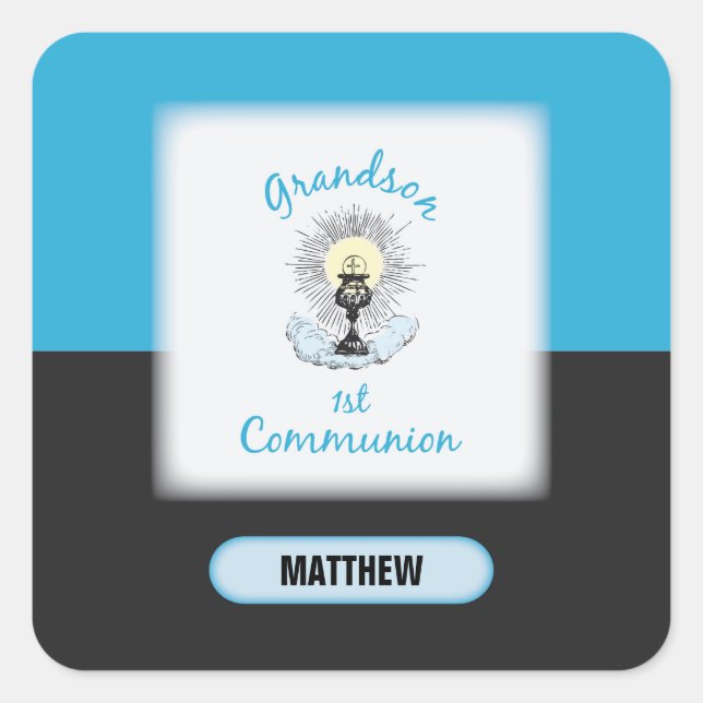 Grandson First Communion, Blue Cup Square Sticker (Front)