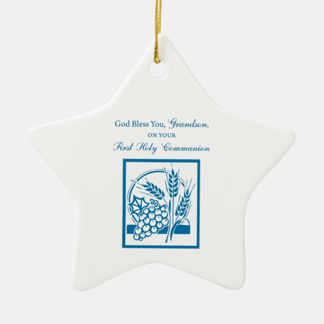Grandson First Communion Blue, Wheat, Grapes Ceramic Ornament (Front)