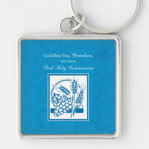 Grandson First Communion Blue, Wheat, Grapes Keychain